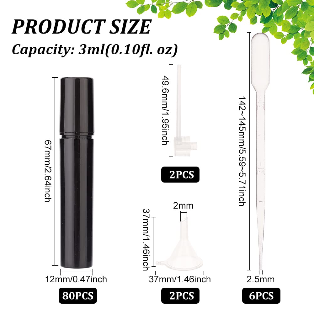 BENECREAT 80 Stück 3ml Mattem Kunststoff Sprühflasche Mit Feinem Nebel, Schwarze Mini Sprühflaschen Mit 6pcs 2ml Pipetten, 2pcs Trichter Und 2pcs Plastikpumpe Für Reiseparfüm
