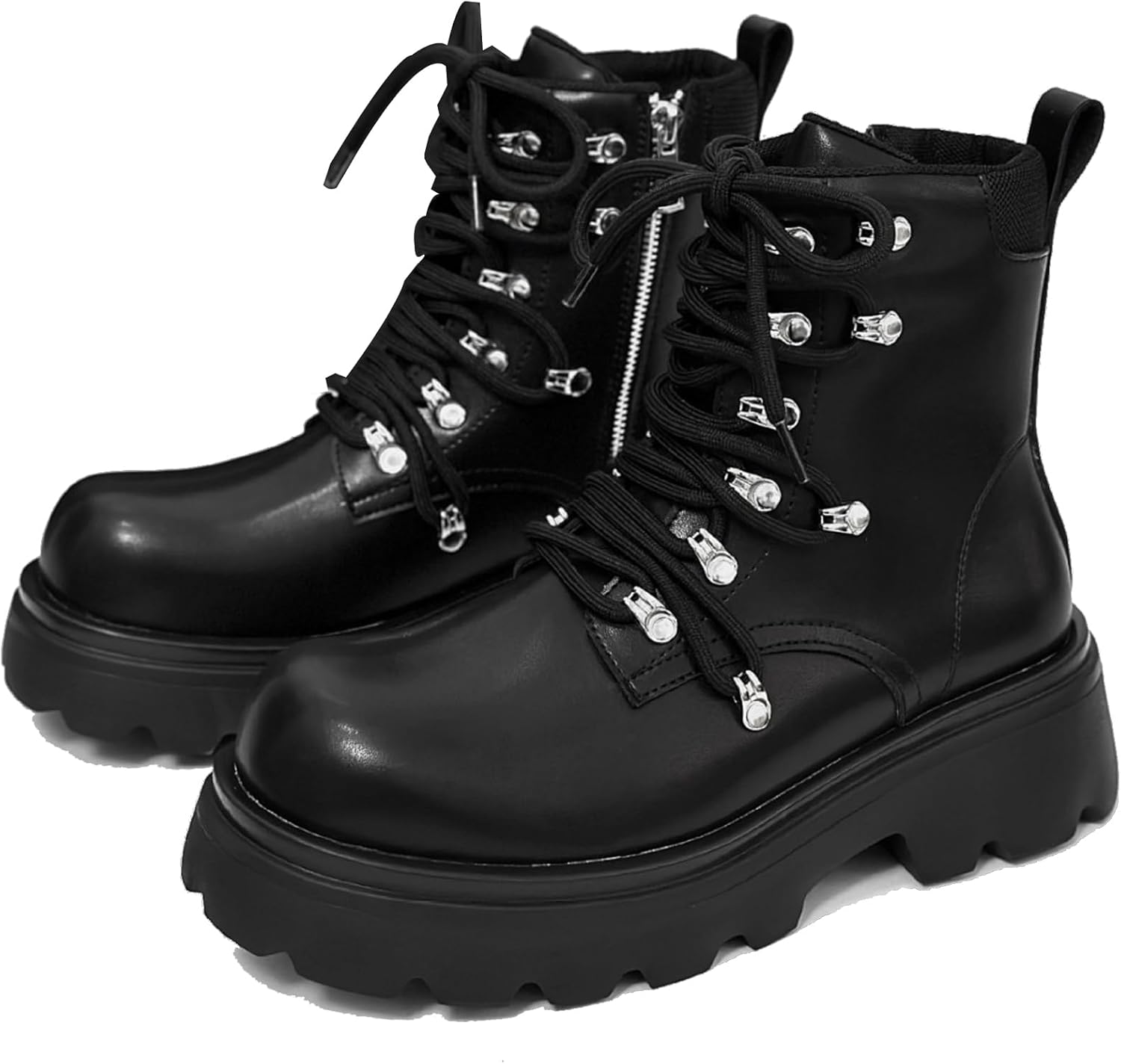 Men's Leather Goth Platform Combat Boots with Side Zipper Lace Up Non-Slip Fashion Round Toe Punk Motorcycle Boots