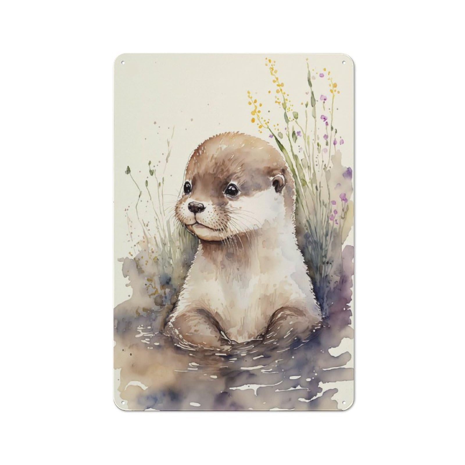 Junmoney Cute Baby Otter Painting Tin Sign 30X20cm With For Café Or Home Bar, Rustic Decor, For Café-Style Decor Fans