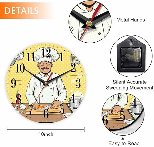 Miniatura 2 de Mxocom Reloj de pared para cocineros de cómic, estilo artístico, 10 pulgadas, silencioso, sin tictac, funciona con pilas, reloj redondo vintage para