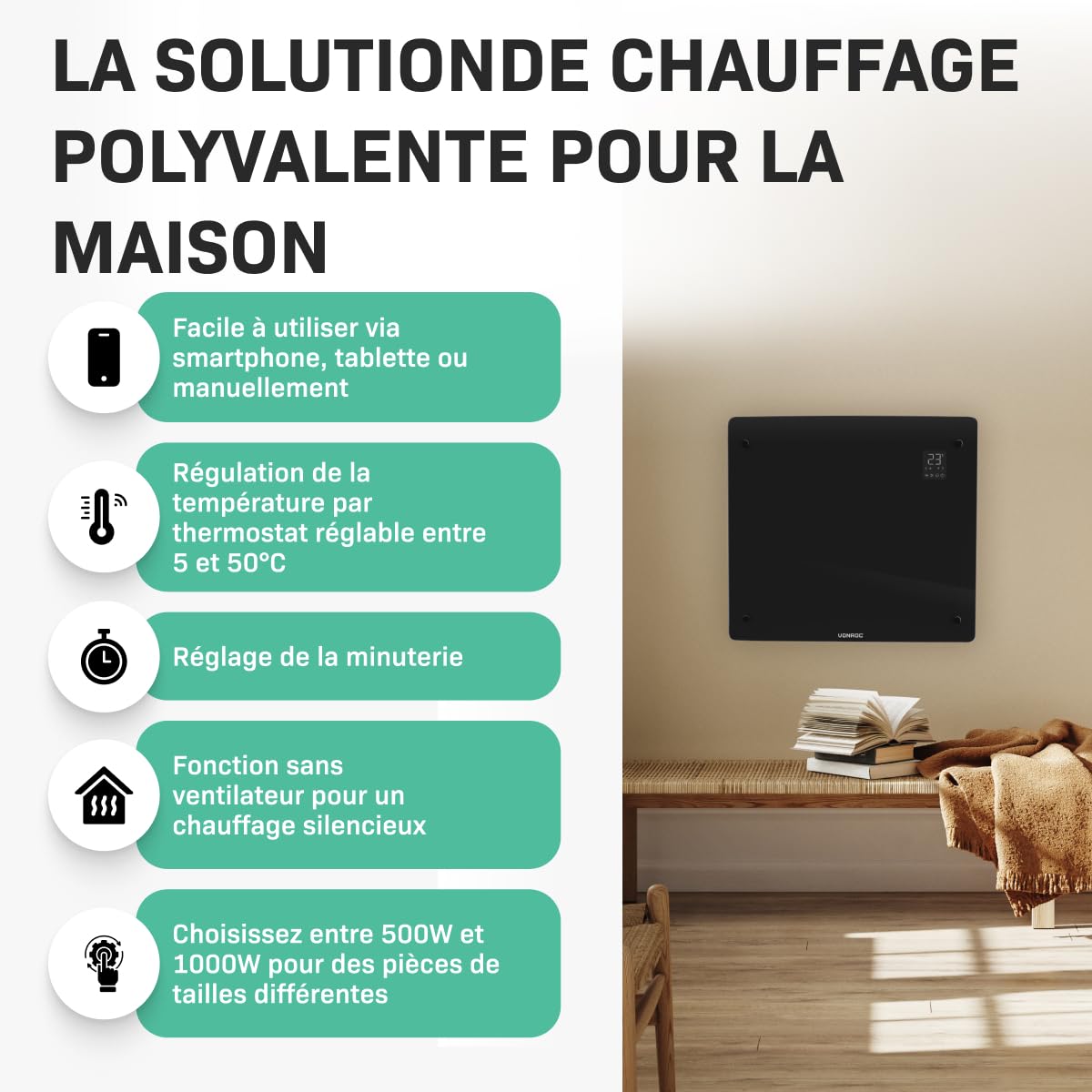 VONROC Chauffage Électrique 1000W - Panneau Verre Noir- Wi-Fi & Manuel - LED, Thermostat, Minuterie, Sécurité Enfants - Silencieux, Convecteur Design pour Pièces jusqu’à 12m²