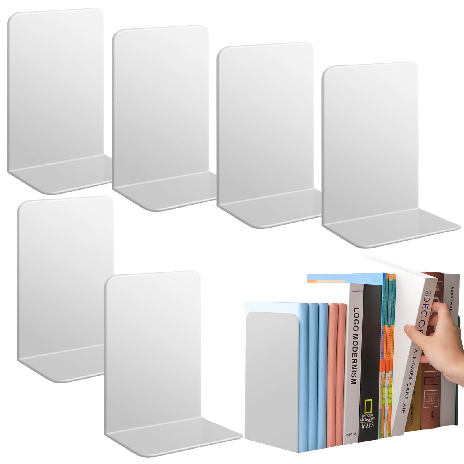 Pasdrucn 3Pcs Decorative Book Ends, Book Ends for Shelves Divider Stopper Holder, Heavy Duty Metal Desk Bookends, Bookends for Shelves, Bookends Heavy Duty for Home, Office, Library (White)