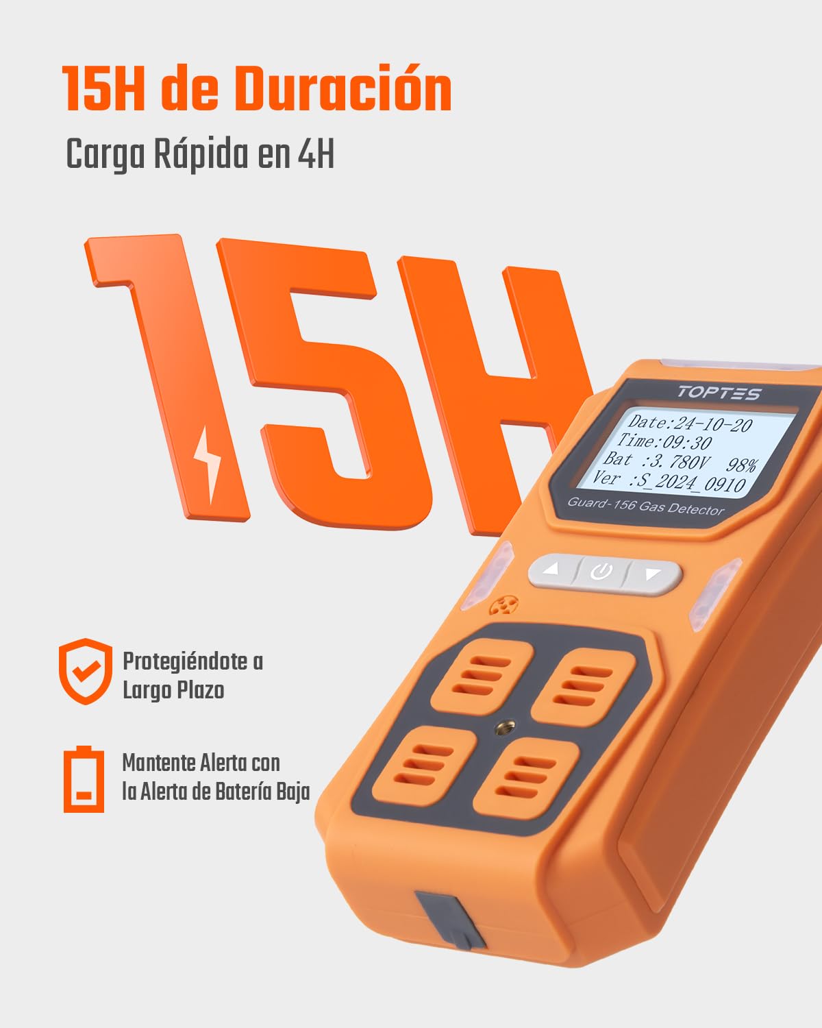 TopTes Guard-156 Detector 4 en 1 para H2S, CO, LEL y O2, Triple Alarma (Visual, vibración, Sonido), Respuesta rápida 0,5 s, diseño Antipolvo para Seguridad en Trabajo y hogar