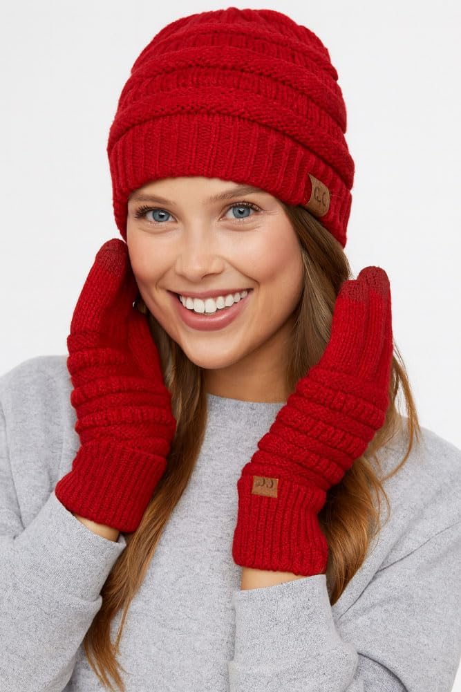 ScarvesMe 2pc Color Trendy Warm Chunky Soft Stretch Cable Knit Beanie with Perfect Matching Gloves Set