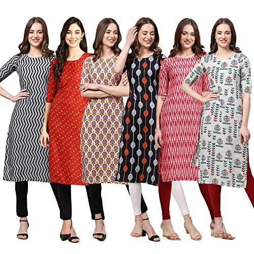 Image of Pinkmint Women's Crepe Digital Print Straight Kurta Pack of 6 [CR-336-370-344-343-328-366]