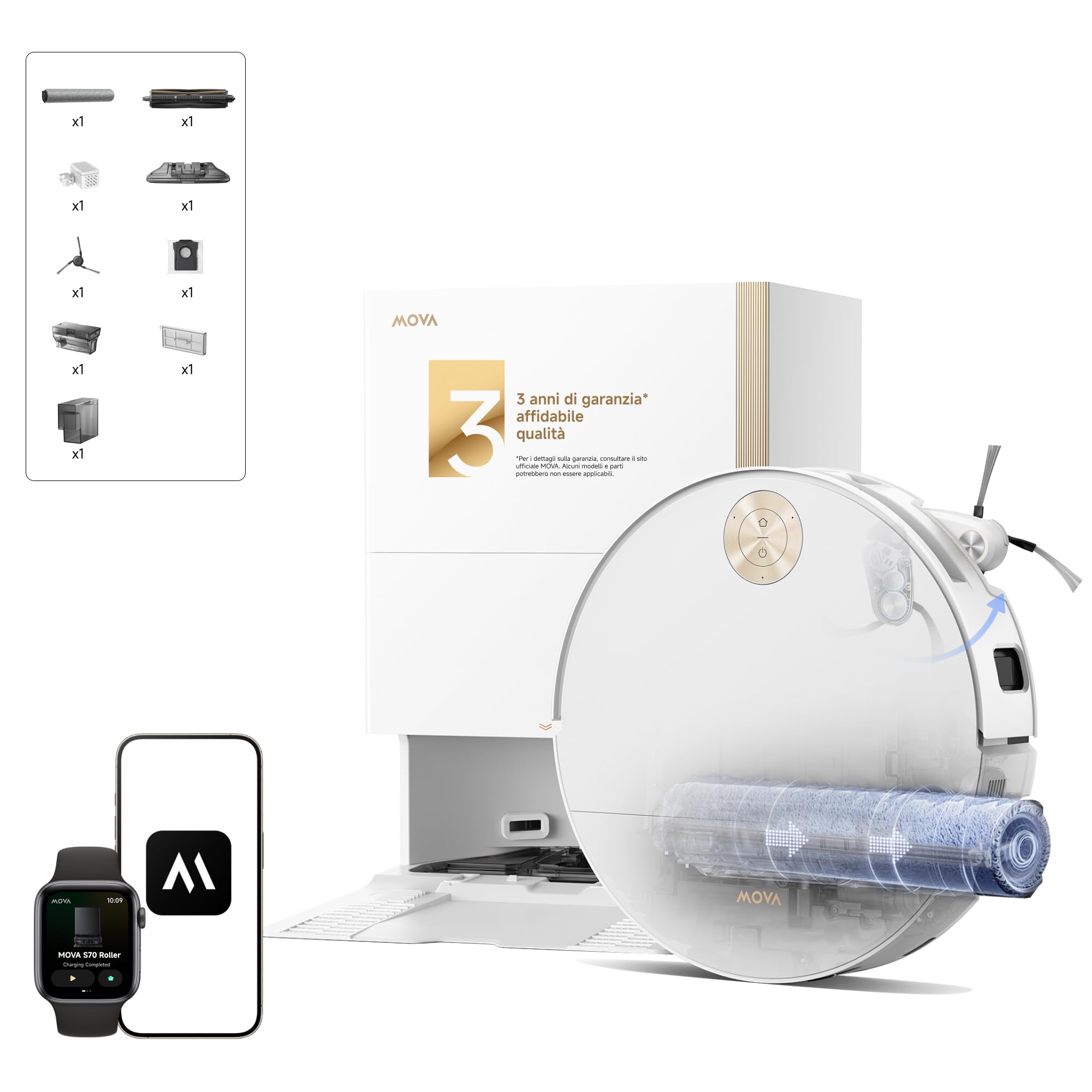 Mova S70 Ultra Roller Robot Aspirapolvere da 32.000 Pa con Lavaggio HydroForce, Navigazione CovertSense, Tecnologia AutoShield, Doppio sistema Anti-Groviglio, Comandi Vocali e Base All-in-One