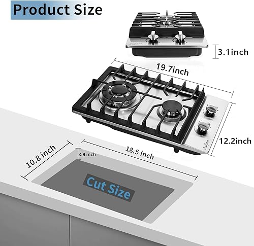 Miniatura 4 de Estufa de gas de 12 pulgadas, 2 quemadores integrada, estufa de gas de acero inoxidable, estufa de gas propano/gas natural convertible para