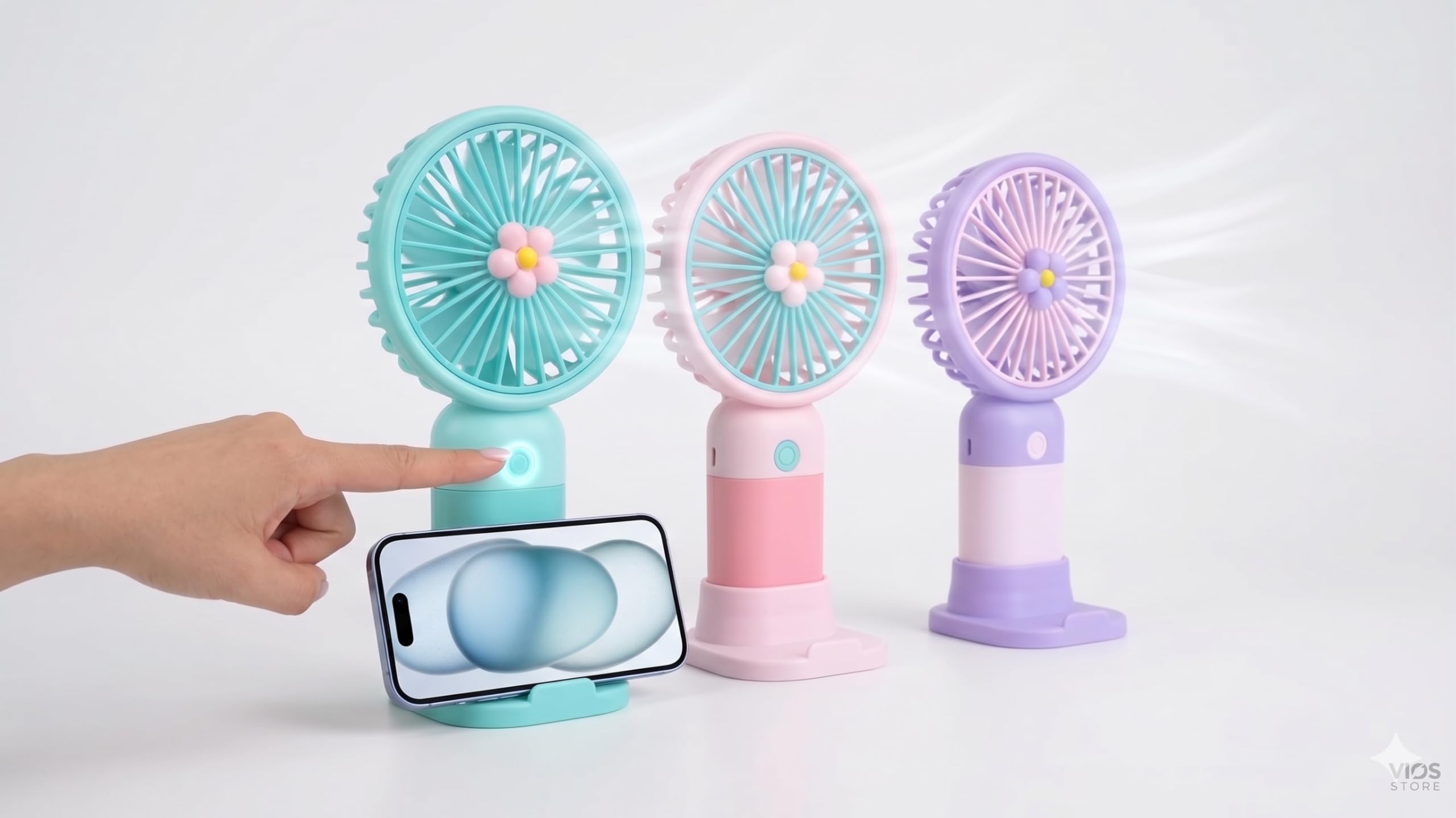 Vios Store Şarjlı El Fanı Taşınabilir Mini Vantilatör Masaüstü Sessiz Fan ve Telefon Tutucu Standlı 3 Kademeli Soğutucu Mini Vantilatör Karışık Renk
