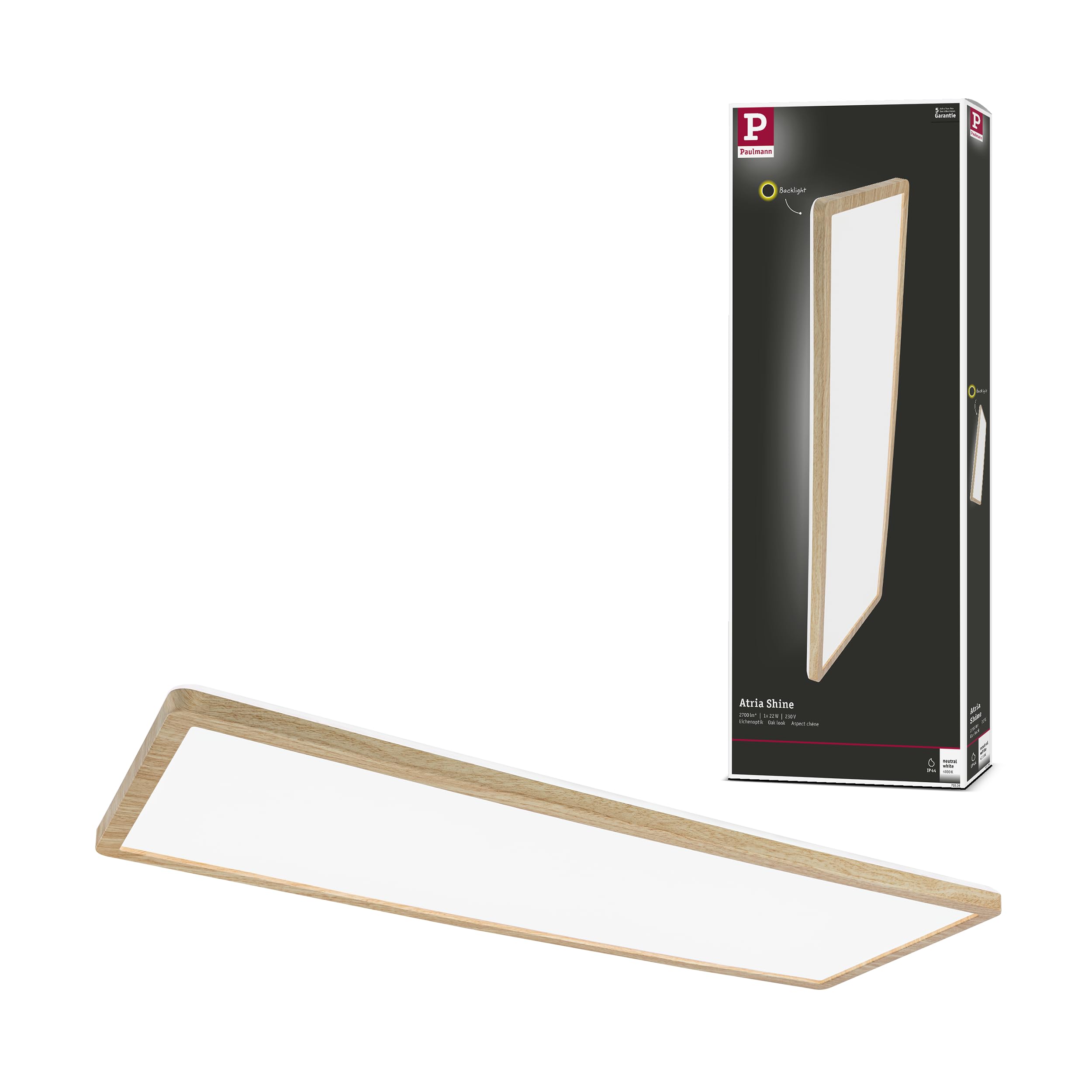Paulmann 71036 LED Panel Atria Shine Deckenleuchte mit Backlight eckig IP44 22W 2300lm 580x200mm Holzoptik Kunststoff 4000K Badleuchte