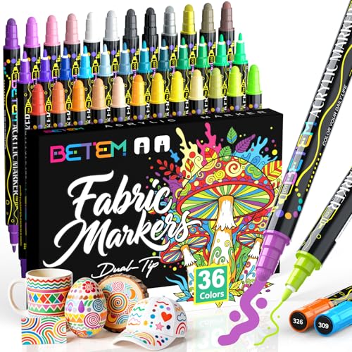 Betem 36 Colors Dual Tip Acrylic Paint Markers, Fabric Decorating Kits Premium Water-Based Acrylic Paint Pens Art Supplies for Fabric, Rock, Wood, Glass, Canvas, Ceramic, Teacher Appreciation Gift
