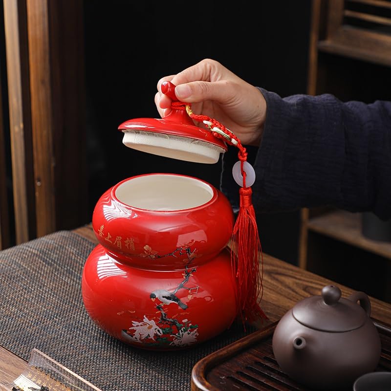Servizio da tè in porcellana bianca dipinta a mano, contenitore per zucca in ceramica, grande contenitore per tè Pu'er sigillato, contenitore in stile cinese e teiera resistente all'umidità (C)
