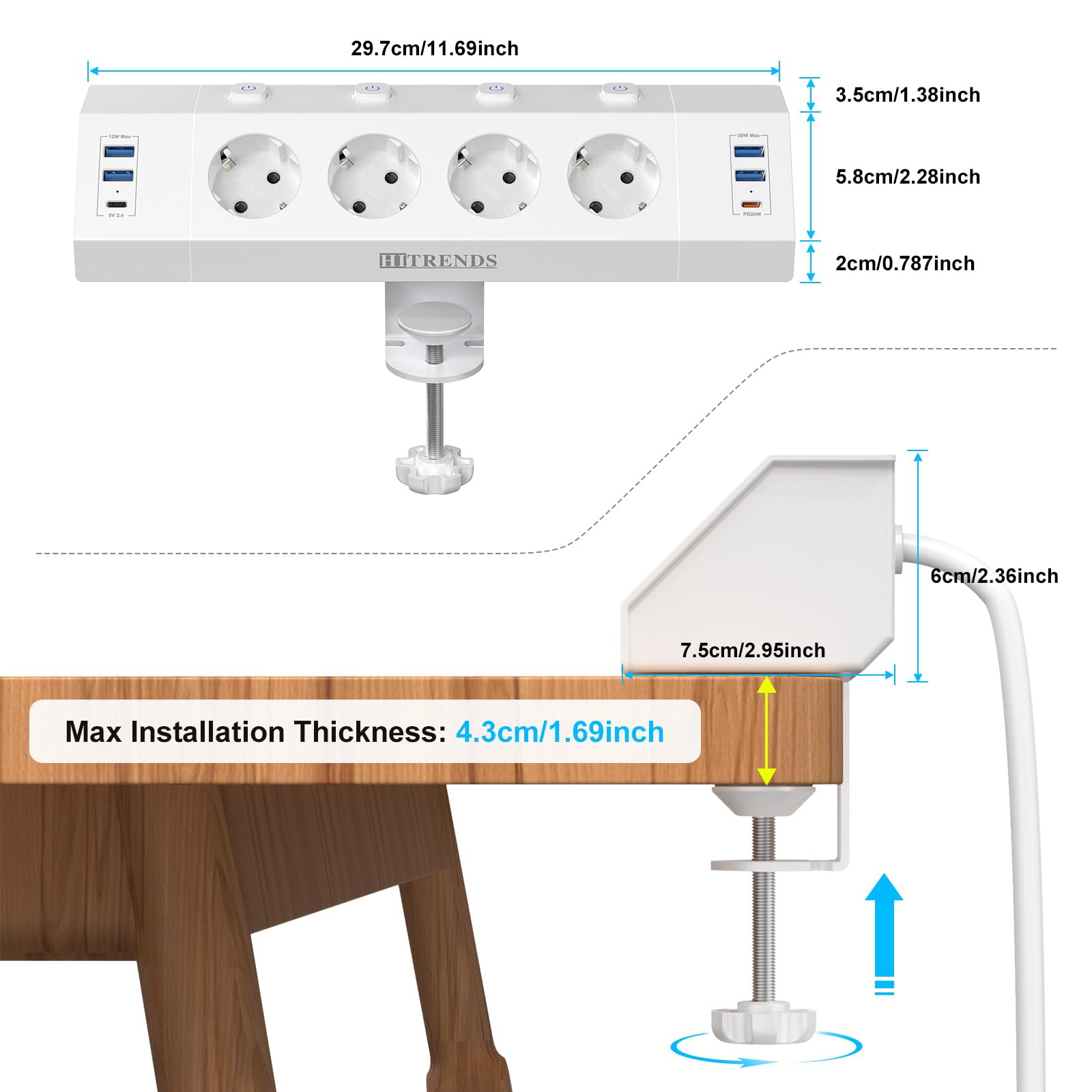 Regleta de mesa de 4 enchufes con USB C (PD 20 W), regleta de esquina para escritorio, conmutable individualmente, enchufe de escritorio, enchufe de mesa, con cable de 3 m, color blanco