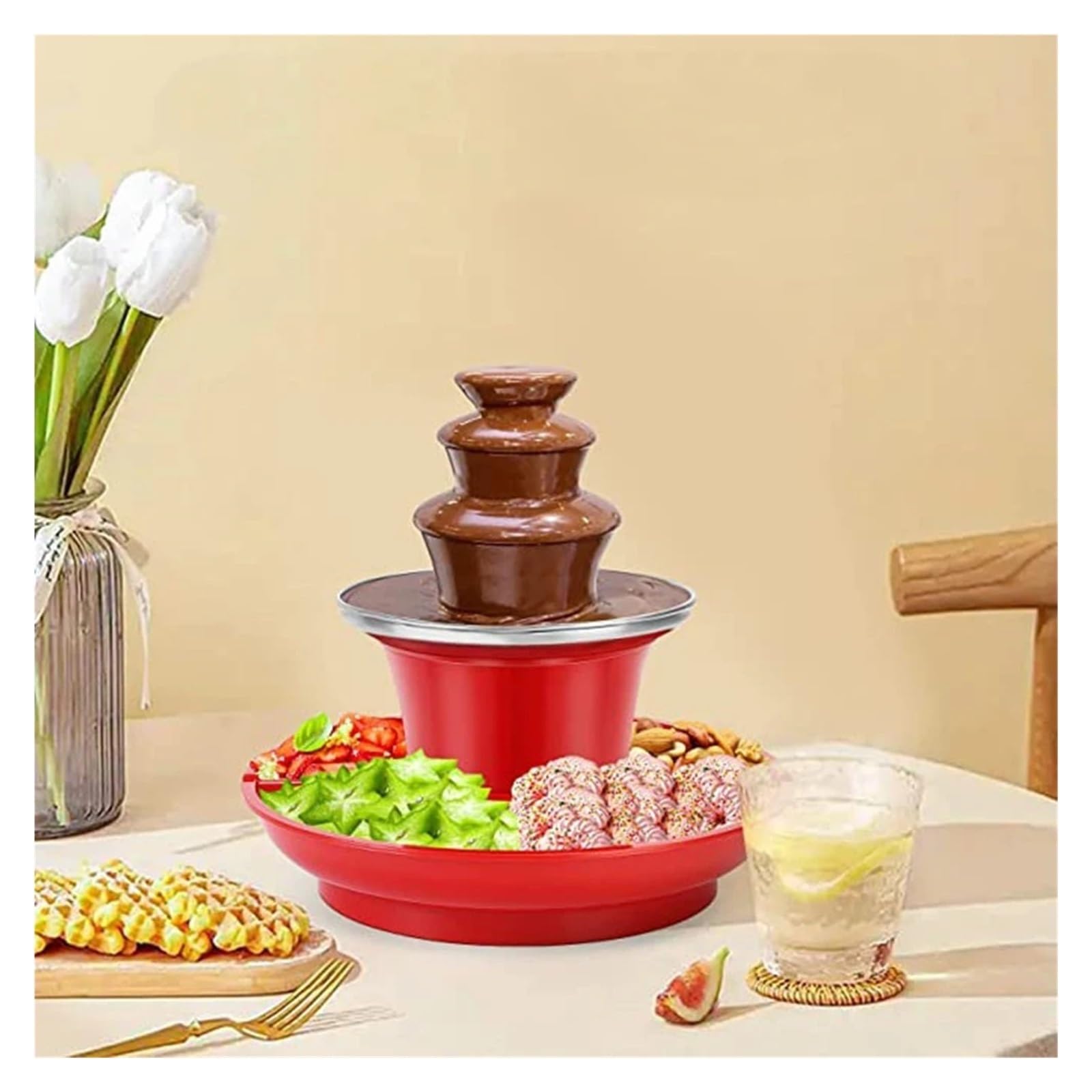 Mini fontana di cioccolato con vassoio da portata e macchina di fusione per un flusso continuo fluido a matrimoni e feste di compleanno