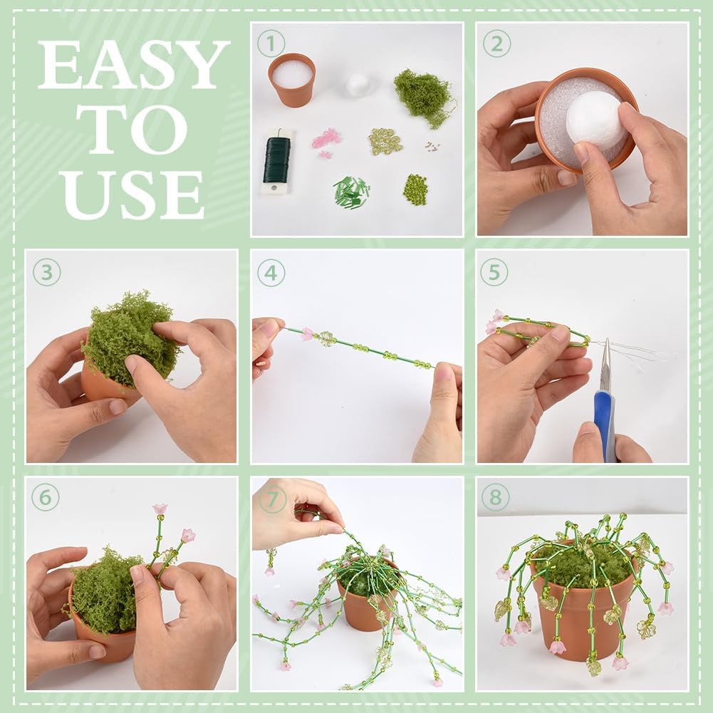 PH PandaHall 4255pcs Beaded Plant Kit Green Glass Beads Flower Leaf Bead with Plant Pot Round Seed Beads Bugle Bead with Artificial Moss and Wire for DIY Crafts Plants Lover Gifts Jewelry Making