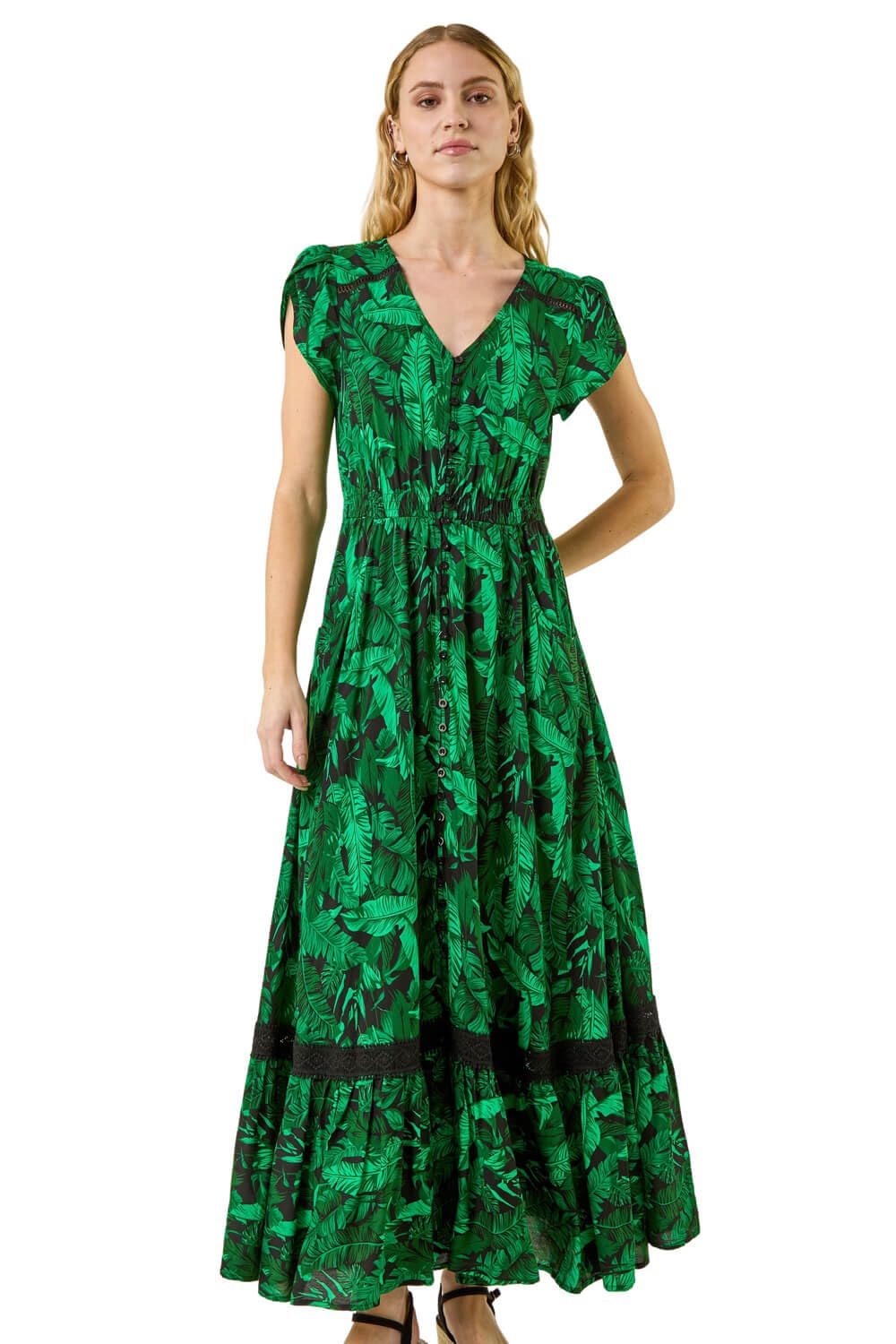 Roman Women's Green Tropical Leaf Print V-Neck Midi Dress In Size 10