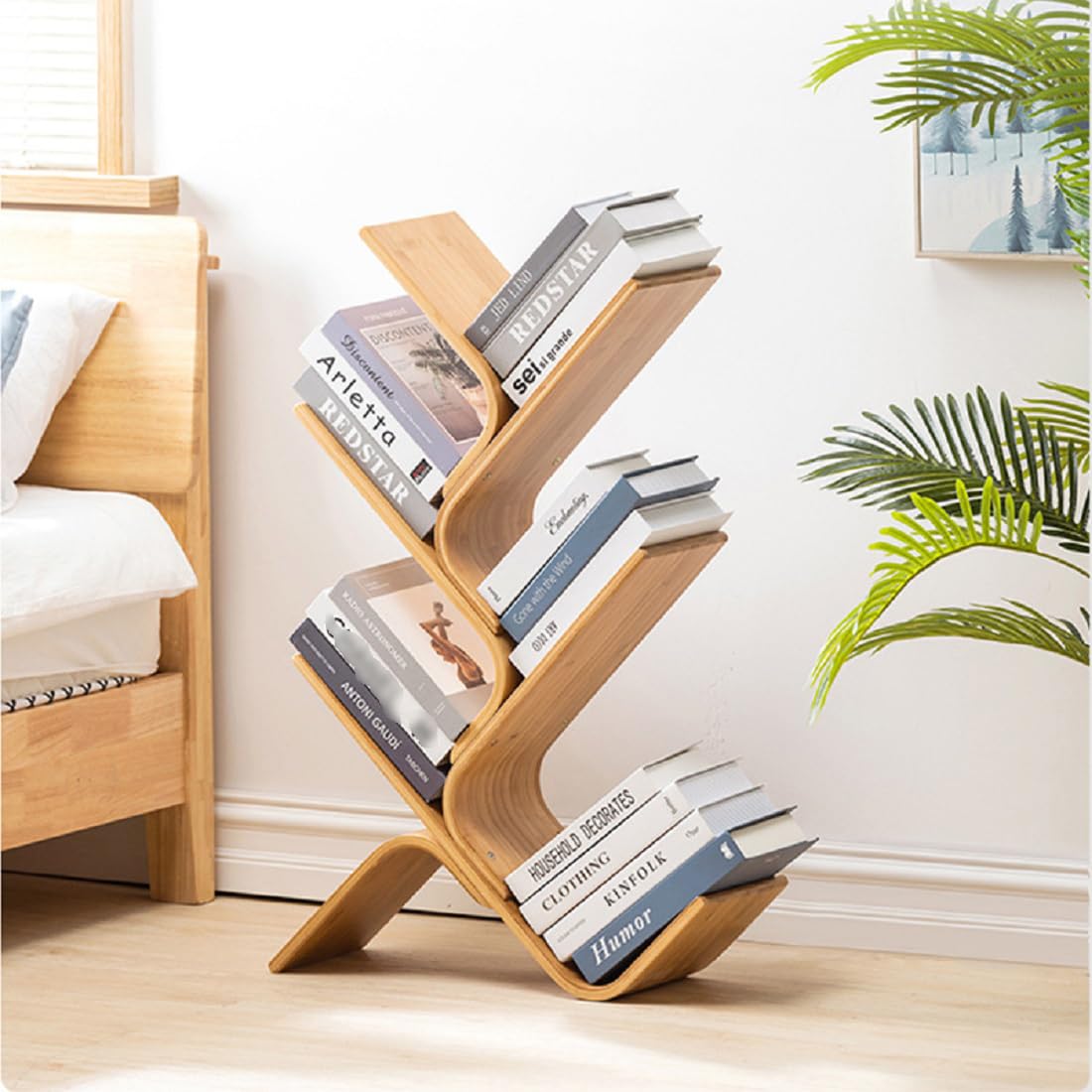 Librería de 5 pisos, estantería moderna de bambú, diseño de árbol, estantería para salón, dormitorio, oficina, estantería abierta, aspecto de madera natural, 91 cm de alto