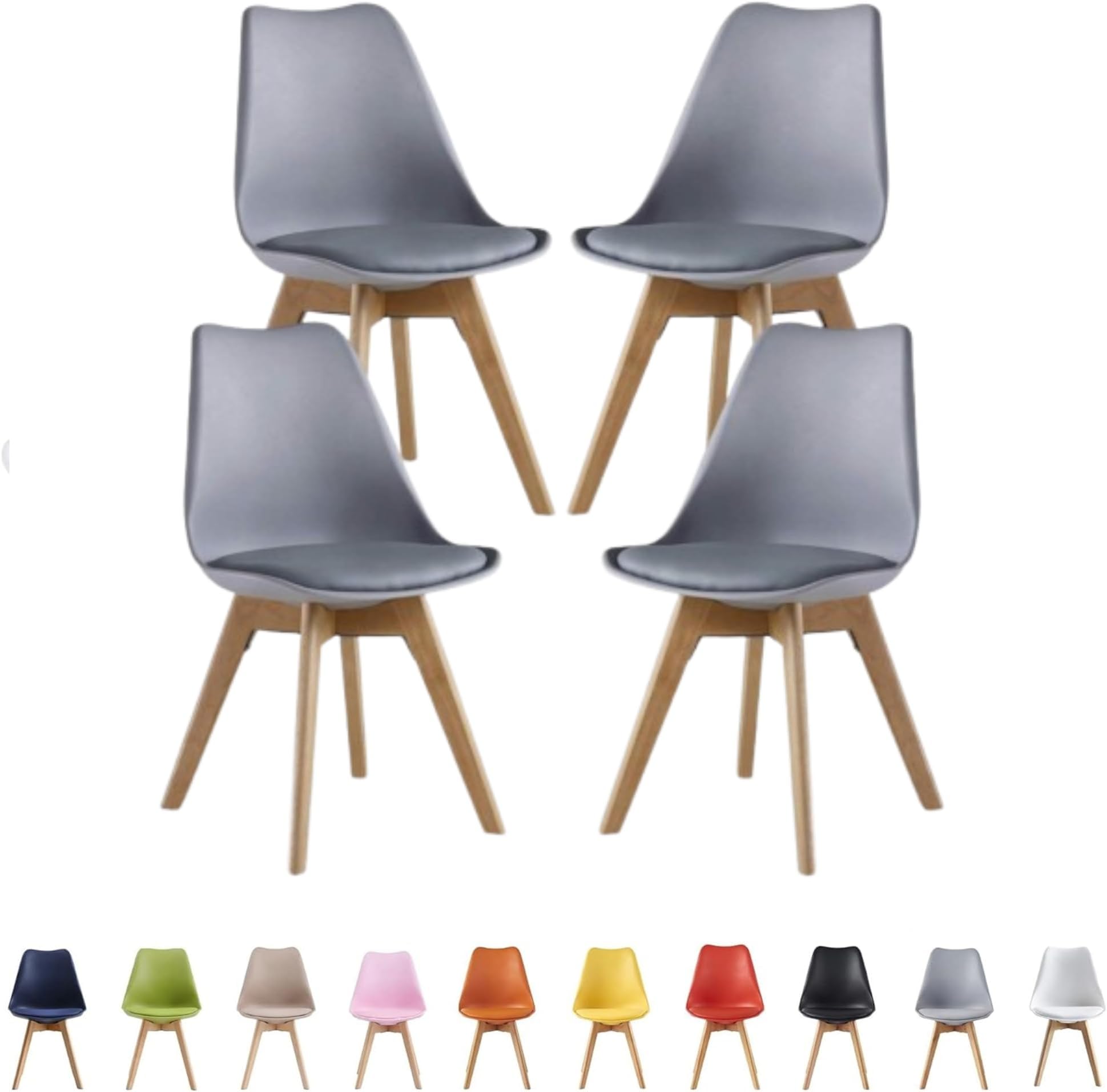Single Set of 2/4/6 Retro Modern Dining Chairs – Lorenzo Plastic Chairs with Cushioned Pad Seat & Solid Beech Wooden Legs - Side Chair for Living Room Kitchen Office Lounge (Grey, Pack of 4)