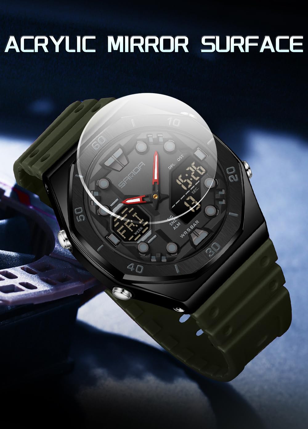 Gosasa Orologio sportivo da uomo, con doppio display, impermeabile, 5 atm, analogico, digitale, con luce notturna, cronometro, conto alla rovescia, sveglia, ora mondiale, cinturino in TPU