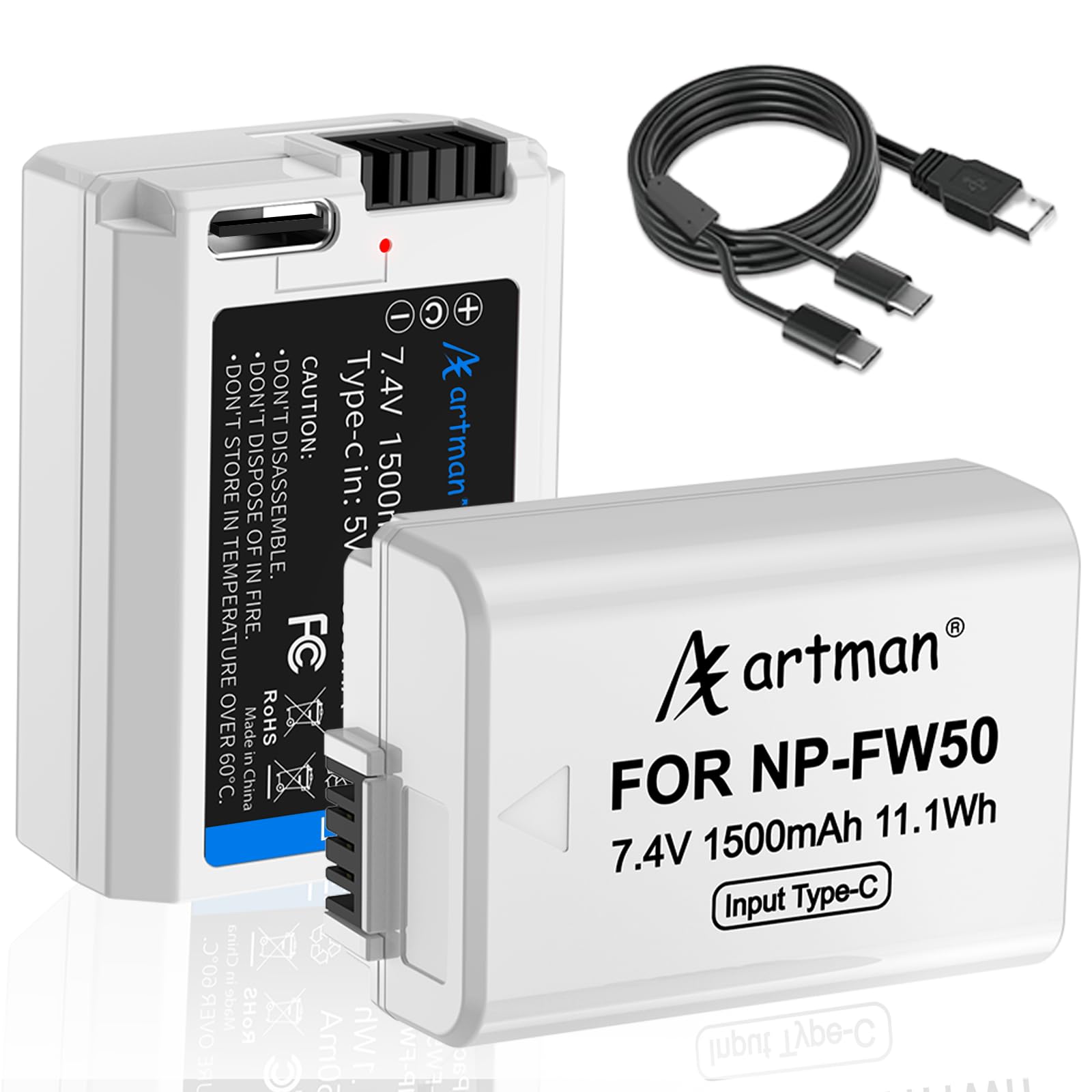 Artman NP-FW50 Replacement Battery 2-Pack 1500mAh with Upgraded Type-C Charging for Sony ZV-E10, A7S II, A7S, A7R II, A7R, A7 II, A7, Alpha A6500 A6400 A6300 A6000 A5100 A5000, RX10 II III IV Cameras