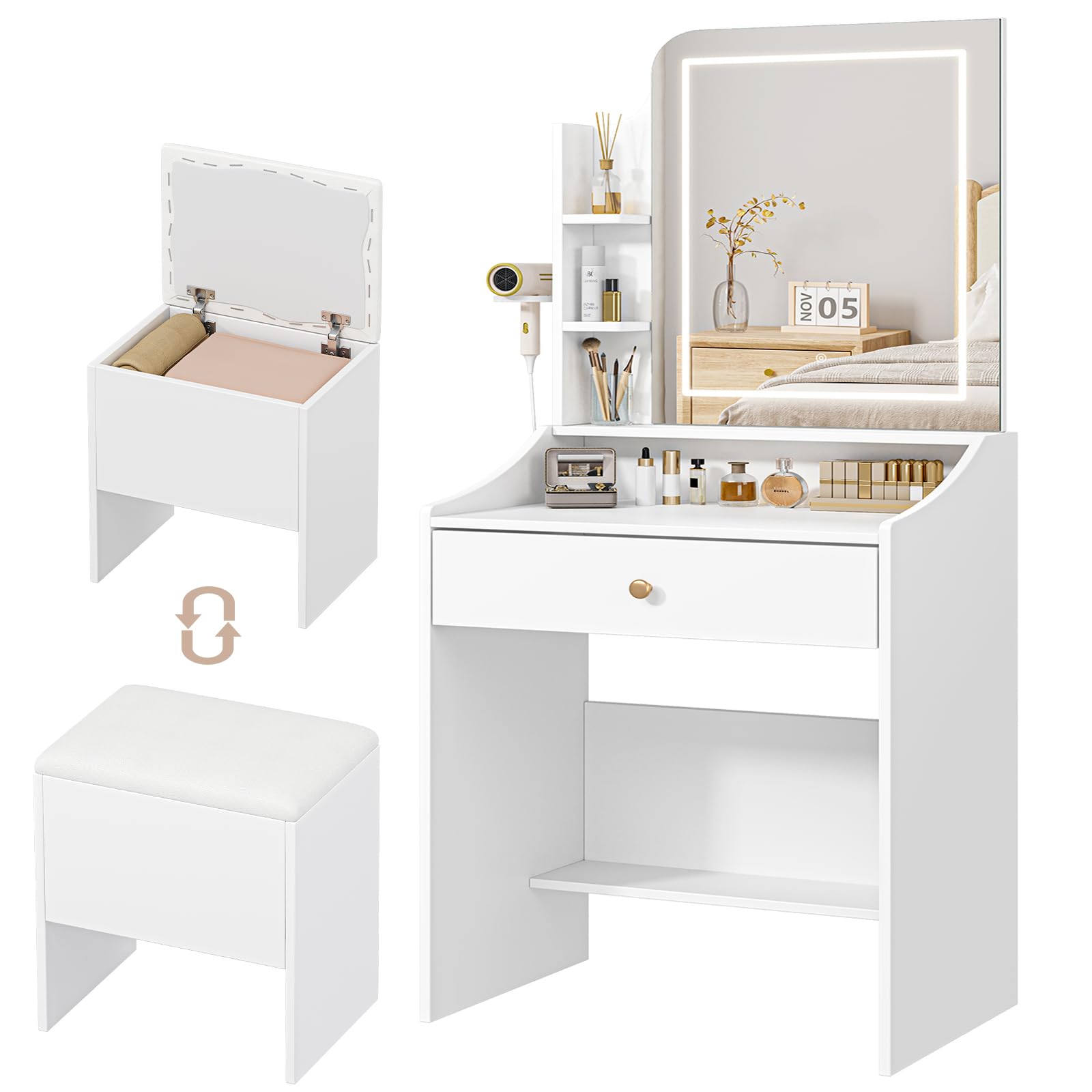 Dripex Dressing Table Set with LED Lighting Mirror, 3 Light Colors, Adjustable Brightness,Vanity Table with Stool, Wooden Drawer, Storage Shelves, Compact White Makeup Desk for Small Space