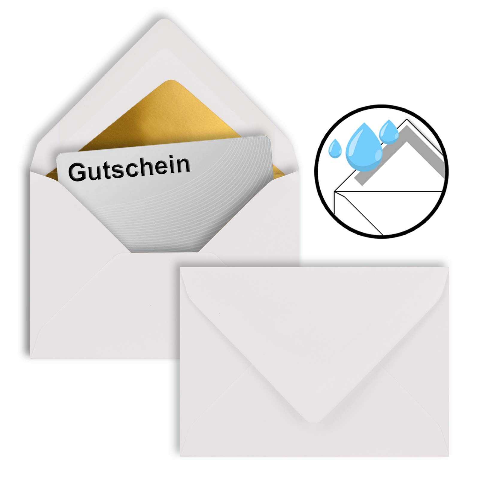 400 buste per lettere, colore bianco con interno dorato, DIN C7, 8,1 x 11,4 cm, con chiusura a umido, 120 g/m², ideali per buoni, regali di denaro