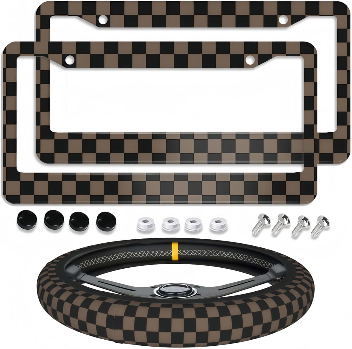 Checkered Brown License Plate Frames 2pc +Checkerboard Steering Wheel Cover