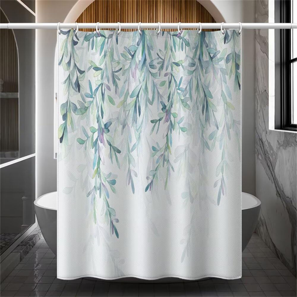 Cortina Ducha Enredaderas 180x200 cm, Cortina de Ducha Planta Verde Lavable de Poliéster, Cortinas de Baño Impermeable Antimoho con Ganchos, Cortinas Bañera para Baño, Dobladillo con Peso (LB1977)