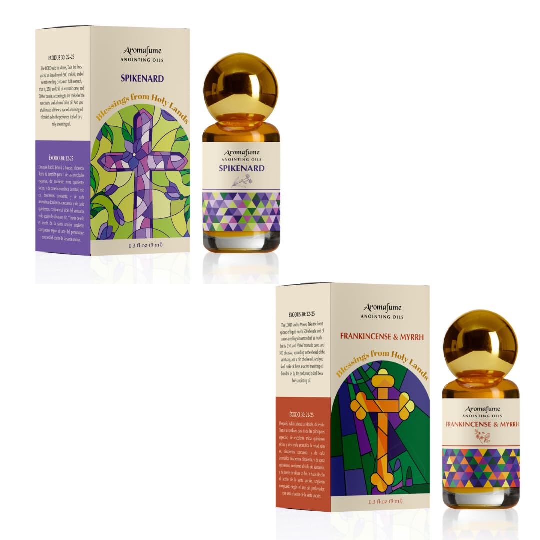 Spikenard Anointing Oil & Frankincense with Myrrh Anointing Oil Pack | Blessings from The Holy Lands | Blessed Olive Oil from Jerusalem | Biblical Spices | 2 x 9ml Each
