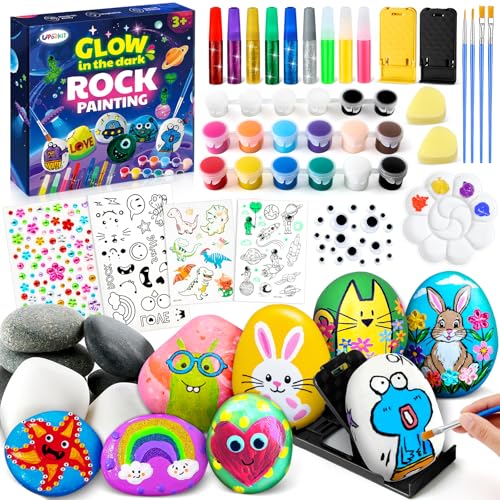UPDOKIT Kids Rock Painting Kit Arts and Crafts for Kids Age 3-12 with Glow in The Dark Paint & Stickers White & Natural Stones Craft Paint Kits DIY Christmas Creative Craft Presents for Boys Girls