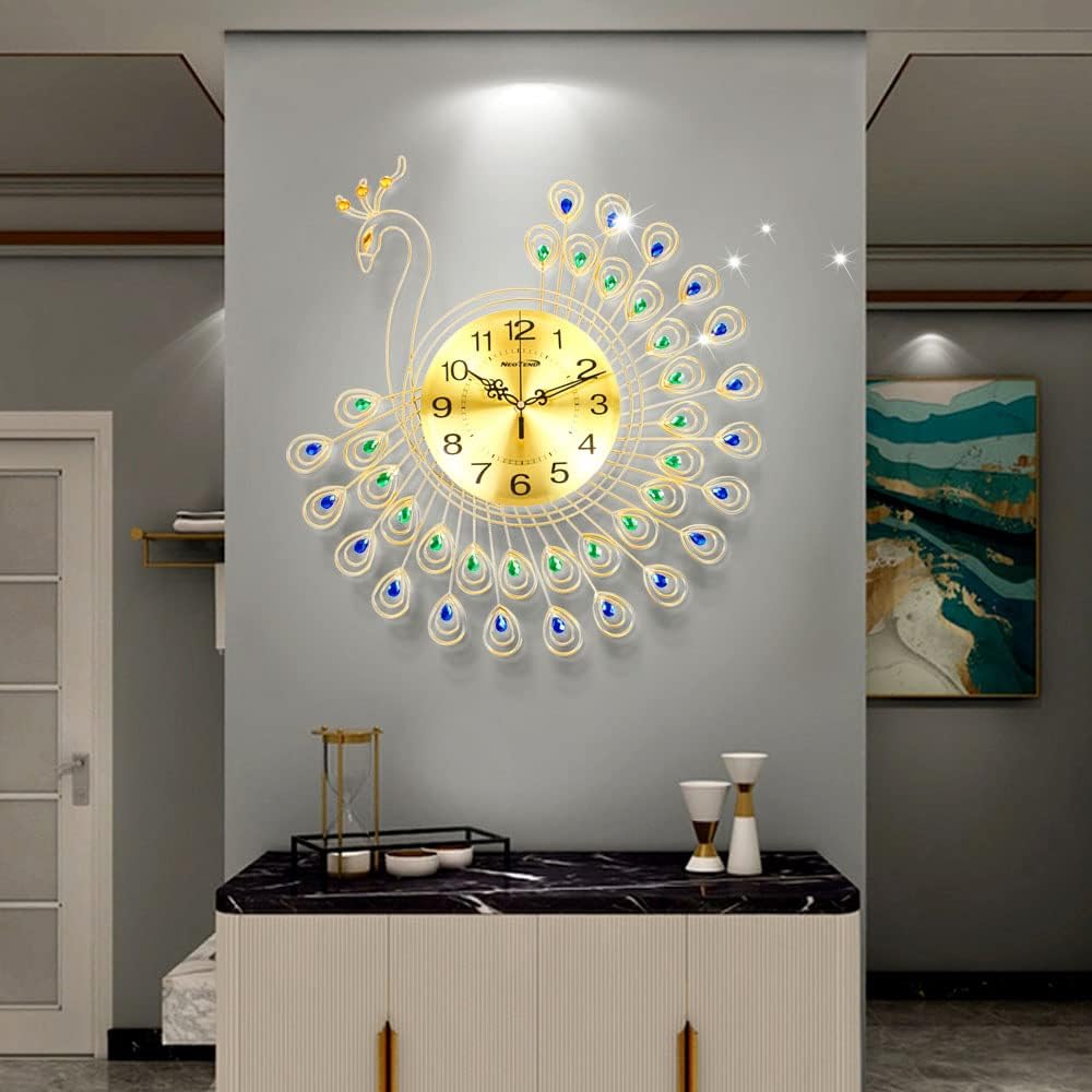Large Modern Wall Clock for Living Room Decor Peacock Kitchen Big Wall Watch for Bedroom Silent Decorative Office Non Ticking Metal Wall Clock Battery Operated 20.8 Inch