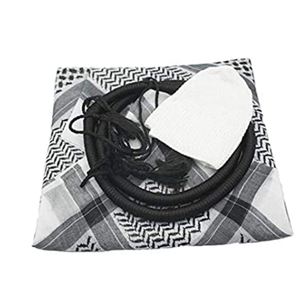 YATHREB Black Ghutra Complete Set for Men, Arab Fashion, Keffiyeh, Arabian Fashion, Arab Scarf Shaykh Boys Head Covering - Plus with Head Ring Agal Iqal Emirati Quality Premium - One Size