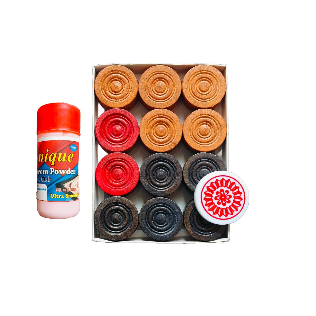 CRAZX Wooden Carrom Coins Set of 24 with 2 Queens, 8mm Striker & 50gm ultrasmooth Carrom Powder