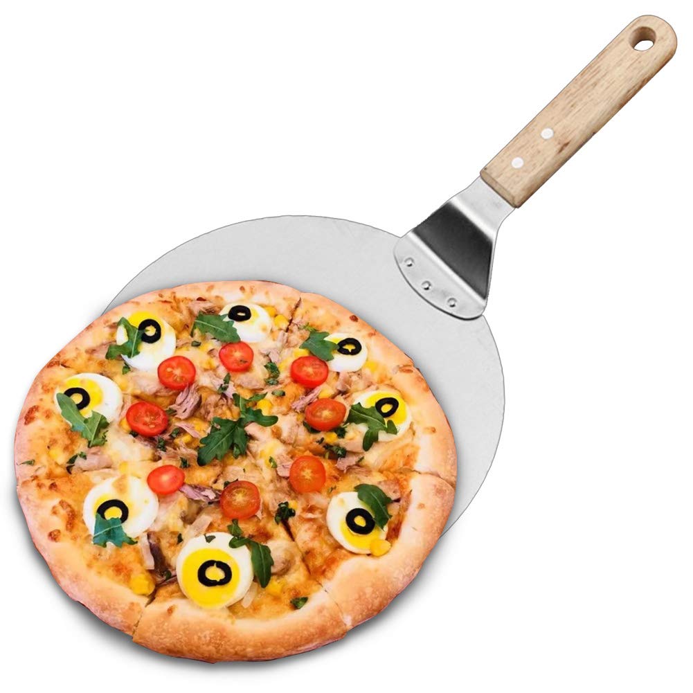 Pizza Peel Pizza Paddle Round Cake Shovel with Wood Handle Stainless Steel Cake Lifter for Pizza, Cake, Bread