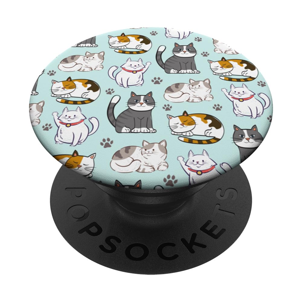 Cute Cats With Claws Lazy Cat Pet Pattern in Teal PopSockets Adhesive PopGrip