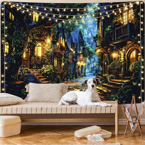 Invoibler Vintage Tapestry Cozy Street Tapestry Night Scenery Tapestry Warm Old House Castle Tapestry Fantasy Tree Tapestry Retro Landscape Tapestry thumb #3