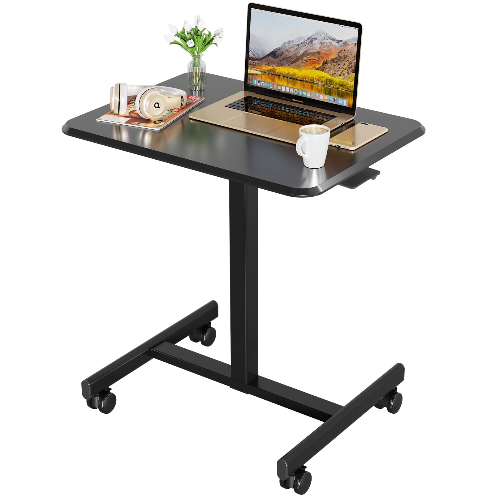 Photo 1 of Small Mobile Laptop Desk with Wheels Portable Adjustable Height Rolling Standing Table for Home, Office and Classroom, 19'' x 28.5'', Black
