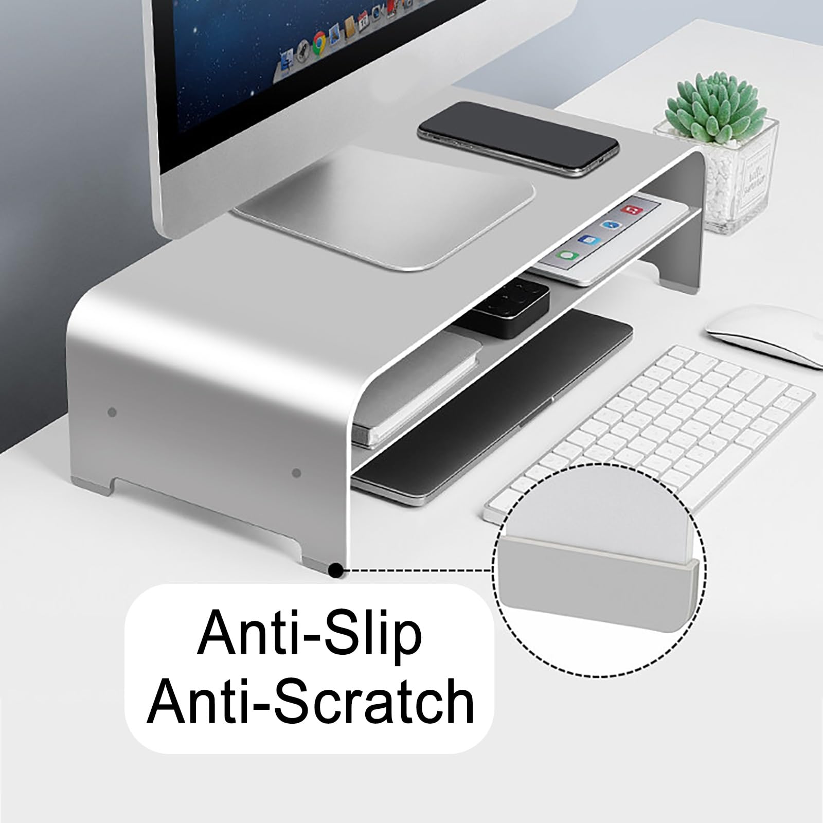 Aluminiowy stojak na monitor z gniazdem na kabel, organizer na półkę biurkową do laptopa i drukarki w miejscu pracy w biurze domowym