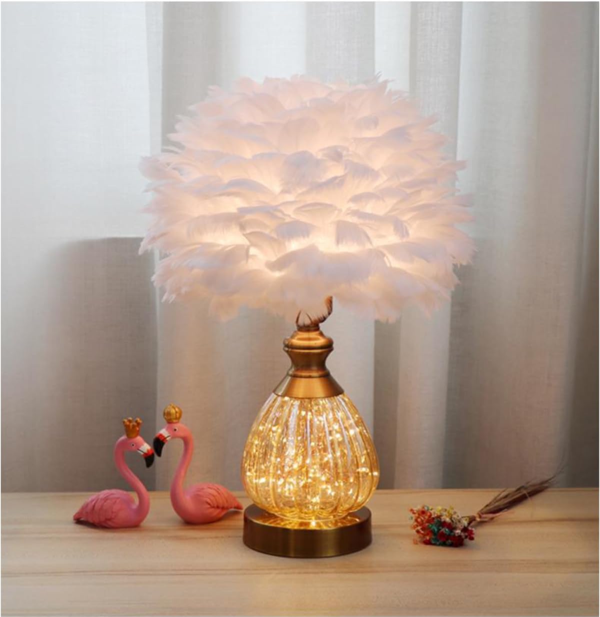 Tischlampe aus Kristallfedern mit Lichterkette Romantische Tischbeleuchtung aus Federn Luxus-Nachttischlampe mit Federlampenschirm für Wohnzimmer, Schlafzimmer