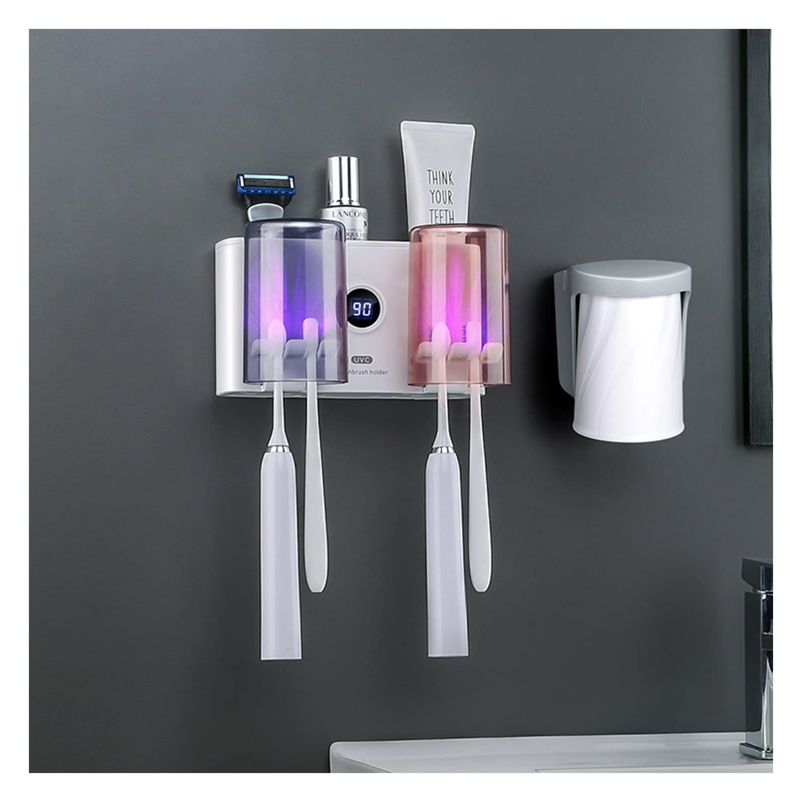 Porta Cepillo de Dientes, Soporte Cepillo de Dientes con Función Esterilizador, LED Estuche Cepillo Dientes con 4 Ranuras para Cepillos Organizador Baño USB Recargable Blanco