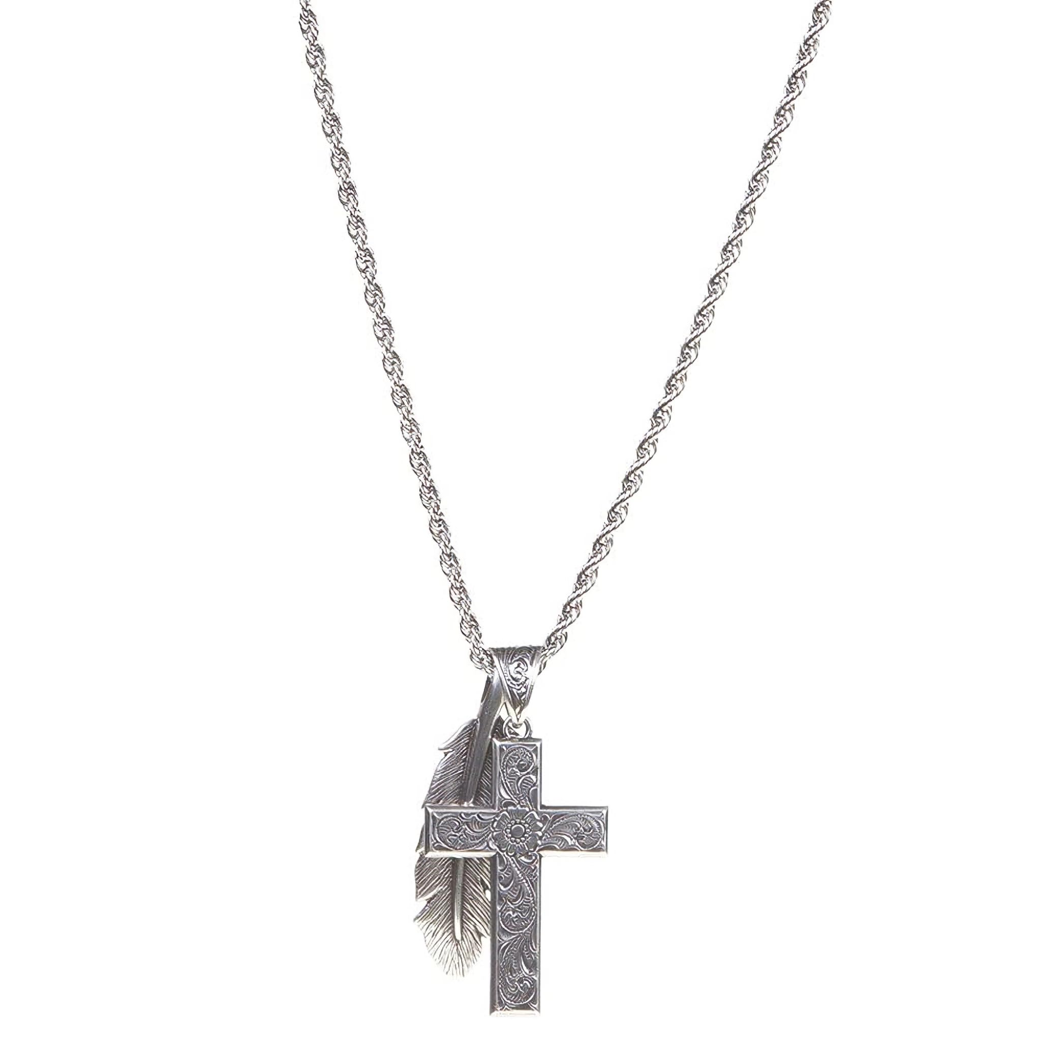 M&F Western Products Twister Cross & Feather Necklace, Silver, 24” Chain