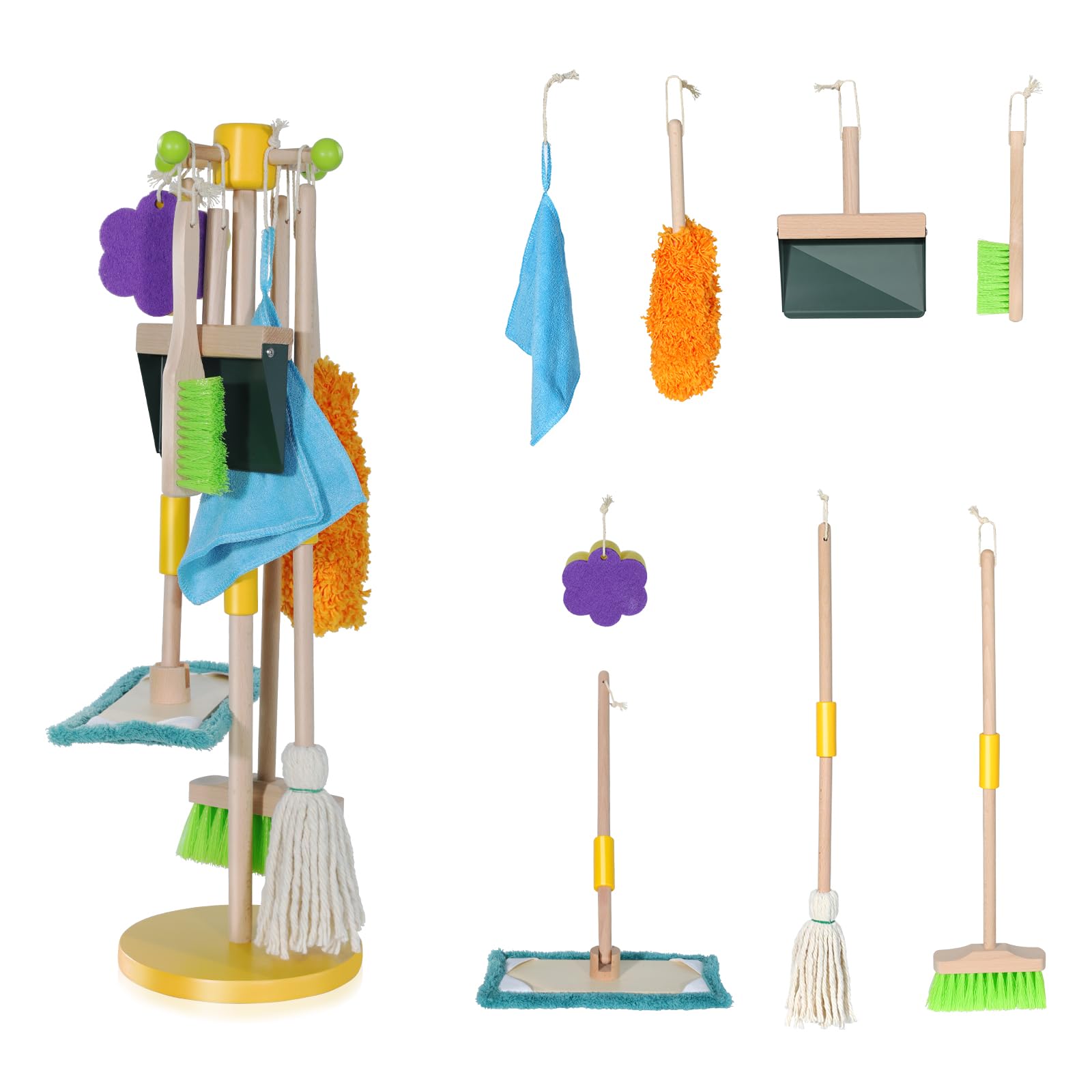 Masthome Kids Cleaning Toy Set, Kids Cleaning Set for Toddlers, 9 Piece Wooden Detachable Cleaning Toys, Pretend Play Cleaning Tools - Mop, Broom, Dustpan, cleaning sponge, Dish Cloth, Brush, Duster 9 Piece Kids Cleaning Toy Set