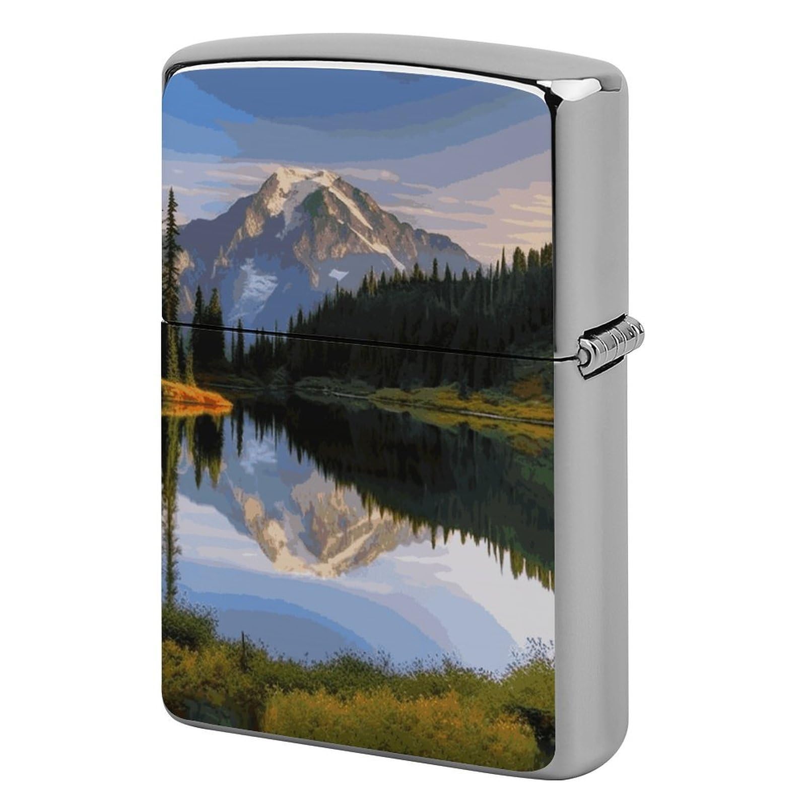 Mountain and Lake Pictures Lighter Case Vintage Metal Lighter Cover Reusable Lighter Protective Sleeve Unique Design Personalized Lighter Sleeve Holder Against Dust and Scratches