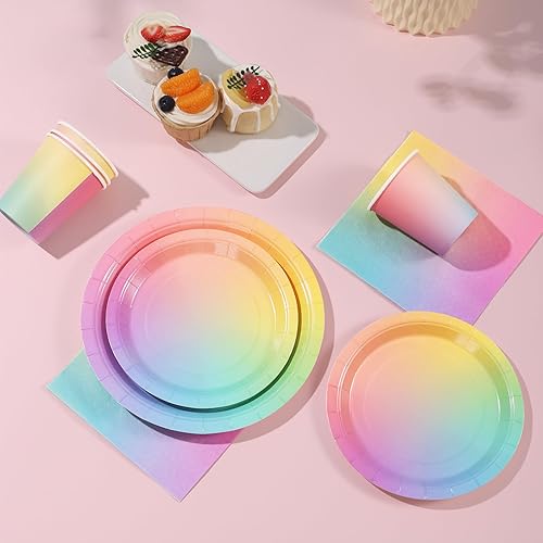 Miniatura 6 de Decoraciones de cumpleaños arcoíris para niñas, platos y servilletas arcoíris pastel, 200 unidades, platos y servilletas de cumpleaños para niñas,