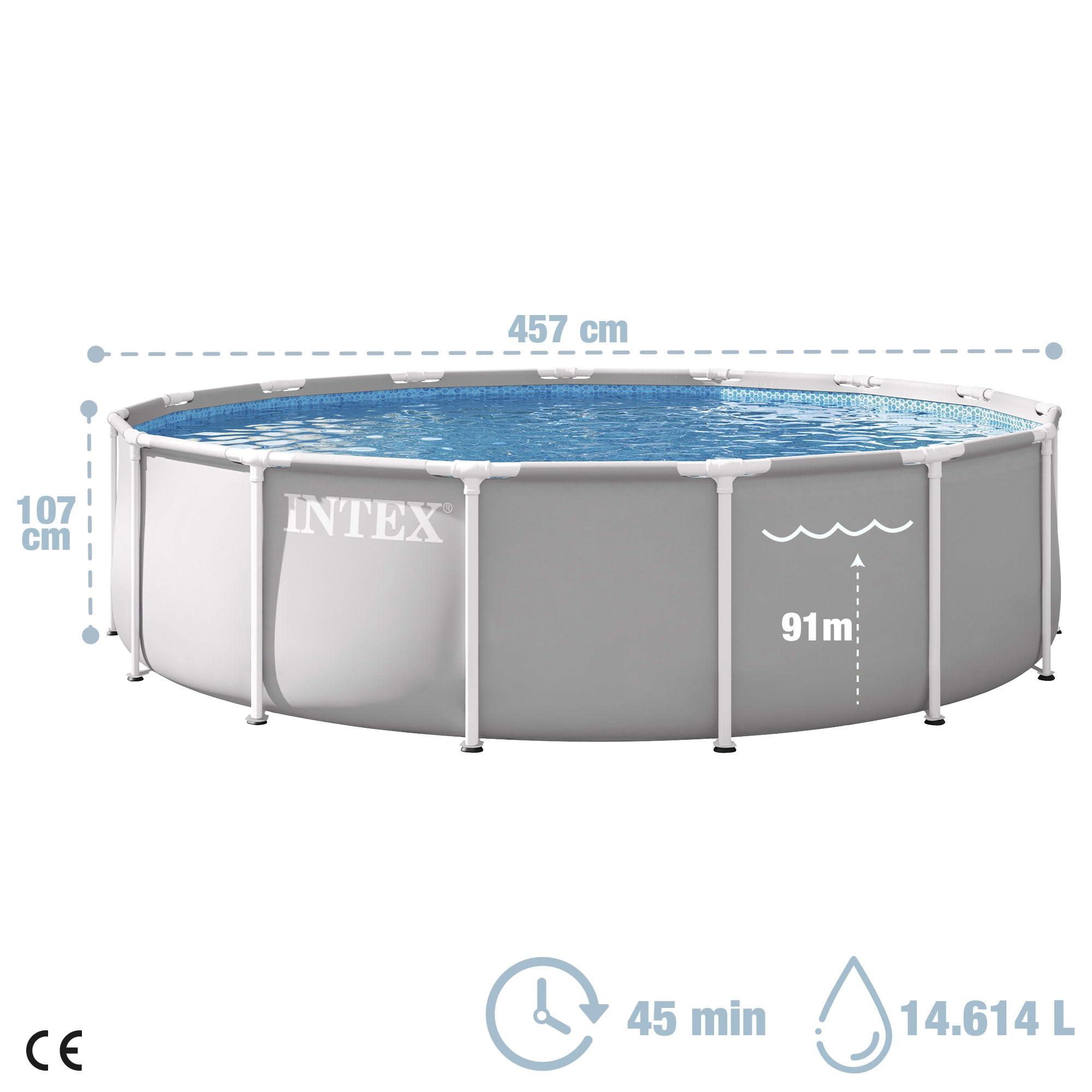 Intex - Piscina Desmontable, Gris, D457x107 cm, Capacidad para 14.614 litros, Escalera, Tapiz, Cobertor, Estructura metálica, Montaje 45 Minutos, Conexiones Ø32 mm (56084)