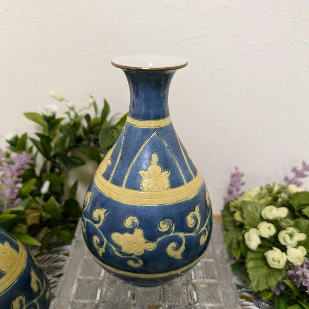 Amazon.co.jp: 京焼清水焼 酒器 川瀬満之作 藍地黄彩唐草文酒器揃 (5客 