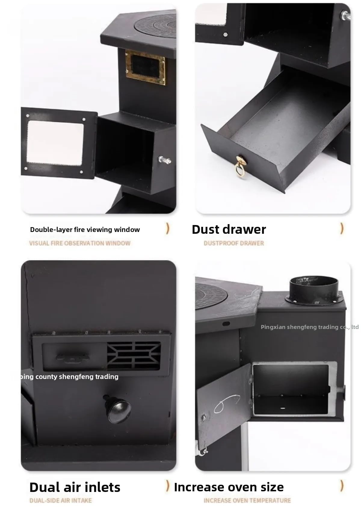 Visual True Fire, stufa a legna, sistema di combustione secondaria, multifunzione, in ghisa, per casa, soggiorno, villa rurale, alloggio in famiglia (nero, 55 cm)