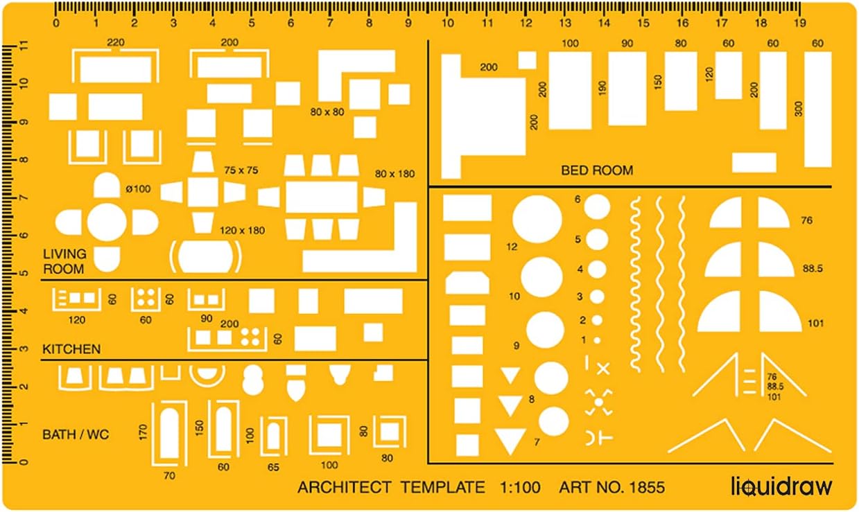 Liquidraw 1:100 Scale Architectural Scale Ruler Drawing Template Stencil Architect Technical Drafting Supplies, Architecture Furniture Design Symbols for House Interior Floor Plan