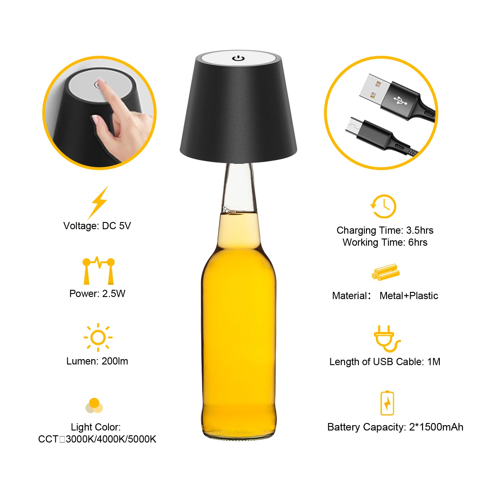 ANTELA - Lampada Da Tavolo LED Ricaricabile Wireless - Dimmerabile Touch, IP44, 3 Colori Luce (3000K/4000K/5000K) - Colore Nero