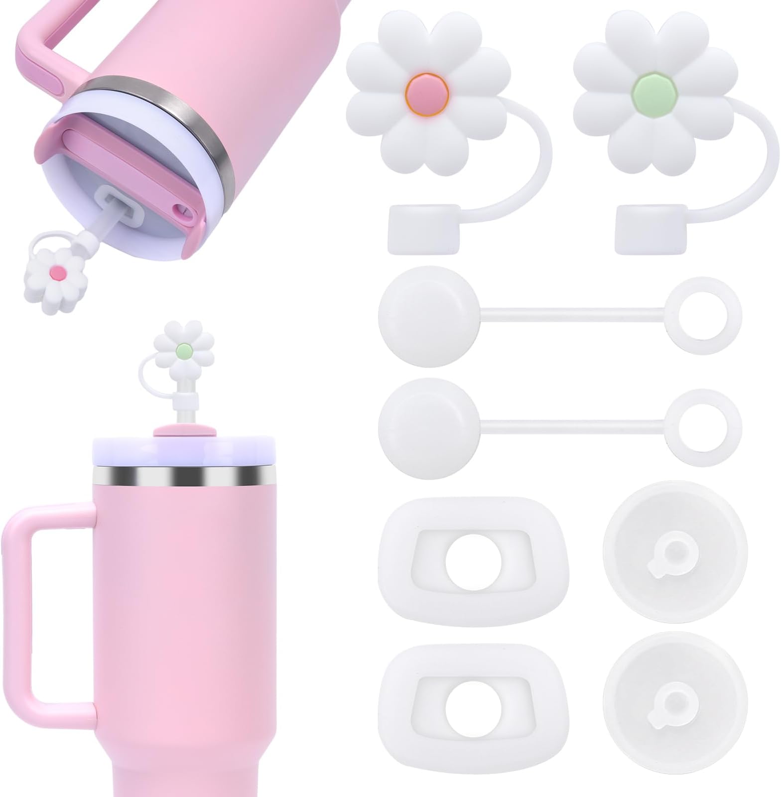 8pcs Spill Proof Stoppers for Stanley Cup 40oz/30oz, Silicone Spill Stopper for H2.0 Stanley Cup 30oz With 2 Clear Straw Topper, 2 Cute Flower Straw Cover Caps