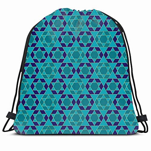 DHNKW Drawstring Backpack String Bag 14X16 Blue Israel Gradient Star Turquoise Pattern Crystal Judaica Metallic Festival Solomon Seal Holiday Geometric Sport Gym Sackpack Hiking Yoga Travel Beach